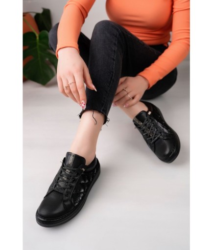  Kadın Taş Detaylı Ortapedik Taban Lastik Bağcıklı Taşlı Sneaker Spor Ayakkabı